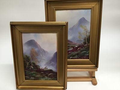 Lot 78 - Nils H. Christianson, 1850-1922, oils on board, mountainous scenes with highland cattle and deer, both signed, in gilt frames, 30cm x 20cm (2)