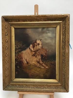 Lot 91 - Manner of Edward Armfield, late 19th century, oil on artist board, Terrier with a rabbit, in gilt frame, 38cm x 30cm