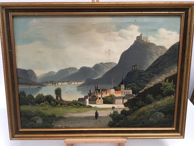 Lot 94 - Swiss School, late 19th century, oil on canvas, A mountainous lakeland scene with figures by a village, in gilt frame, 46cm x 65cm