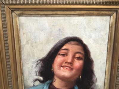 Lot 93 - Italian School, 19th century, oil on canvas, Portrait of a pretty girl, indistinctly signed, in gilt frame, 35cm x 23cm