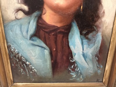 Lot 93 - Italian School, 19th century, oil on canvas, Portrait of a pretty girl, indistinctly signed, in gilt frame, 35cm x 23cm