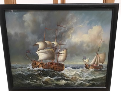 Lot 84 - English School, 20th century, oil on panel, A man o' war and another vessel in choppy seas, in gilt frame, 20cm x 25cm