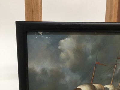 Lot 84 - English School, 20th century, oil on panel, A man o' war and another vessel in choppy seas, in gilt frame, 20cm x 25cm