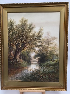 Lot 92 - Henry Sylvester Stannard, 1870-1951, watercolours, A tranquil river scene with deer on the grassy bank, signed, in gilt frame, 70cm x 52cm