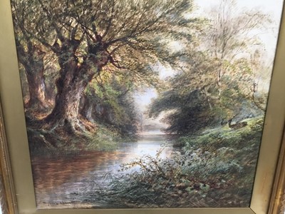 Lot 92 - Henry Sylvester Stannard, 1870-1951, watercolours, A tranquil river scene with deer on the grassy bank, signed, in gilt frame, 70cm x 52cm