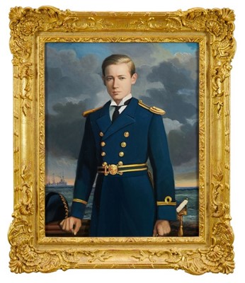 Lot 963 - Andre De Moller (b.1942) oil on canvas - portrait of Lt. Robert Charles Todhunter R.N., signed, further signed and titled verso, in gilt frame