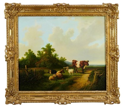 Lot 953 - Andre De Moller oil on canvas - cattle and goats in an Arcadian landscape, in gilt frame