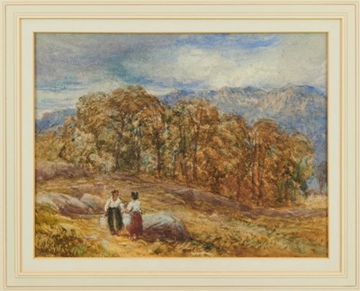 Lot 986 - David Cox (1783 - 1859), watercolour - two figures in a landscape, signed and dated 1850, in glazed gilt frame