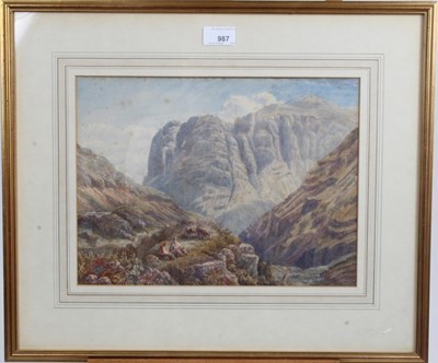 Lot 136 - Attributed to David Cox (1783 - 1859), watercolour - figures at rest in mountainous landscape, apparently unsigned, in glazed gilt frame
