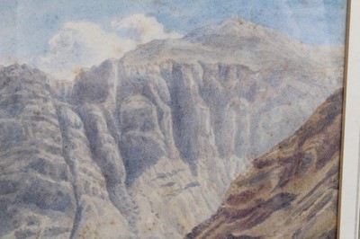 Lot 136 - Attributed to David Cox (1783 - 1859), watercolour - figures at rest in mountainous landscape, apparently unsigned, in glazed gilt frame