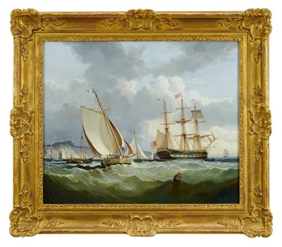 Lot 955 - Andre De Moller, oil on canvas - British man o’ war and shipping off the coast, signed, in gilt frame