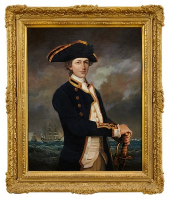 Lot 962 - Andre De Moller, oil on canvas - portrait of a Naval Officer with shipping beyond, in gilt frame