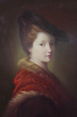 Lot 959 - Andre De Moller, oil on canvas - portrait of an elegant lady in fur-trimmed cloak, in gilt frame