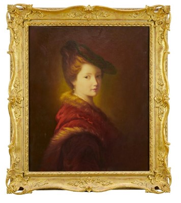 Lot 959 - Andre De Moller, oil on canvas - portrait of an elegant lady in fur-trimmed cloak, in gilt frame