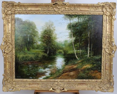 Lot 967 - Peter Snell (b.1935), oil on canvas - river landscape, signed, in gilt frame