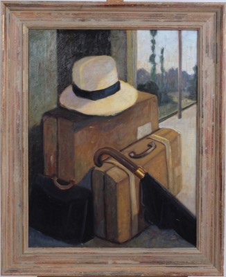 Lot 956 - Andre De Moller, oil on canvas - still life of luggage and a hat, signed and inscribed verso, framed