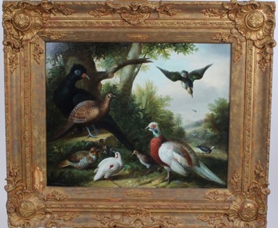 Lot 979 - J. Tarchmer, 18th century-style oil on panel - an assortment of birds in landscape, signed, in gilt frame