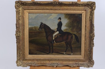 Lot 948 - Antique oil on board - a hunting figure on a bay horse, in gilt frame