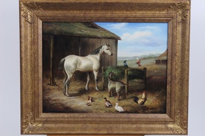 Lot 978 - N. Canaletto, oil on panel - farmyard animals beside a stable, in gilt frame