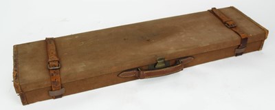 Lot 823 - Early 20th century W. Richards, Liverpool, leather and canvas covered gun case, fitted for 30 inch barrels, with some accessories, C.E.L.S. initials to lid, 83cm x 21cm overall