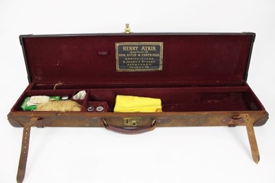 Lot 824 - Early 20th century Henry Atkin Ltd. (from Pardy’s) leather and canvas gun case, fitted for 28 inch barrels, with various Purdy accessories to include cleaning rod, oil bottle etc, P.A.L.S. initials...