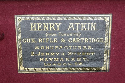Lot 824 - Early 20th century Henry Atkin Ltd. (from Pardy’s) leather and canvas gun case, fitted for 28 inch barrels, with various Purdy accessories to include cleaning rod, oil bottle etc, P.A.L.S. initials...