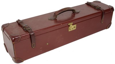 Lot 826 - Fine quality Purdy & Sons leather covered double gun case, fitted for 28 inch barrels, felt lined, with various accessories to include cleaning rods, oil bottle etc, P.A.L.S. initials to lid, 78cm...