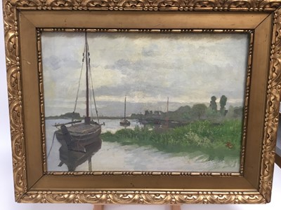Lot 109 - Bahl, early 20th century oil on canvas - shipping in an estuary, signed and dated 1915, in gilt frame, 38cm x 54cm