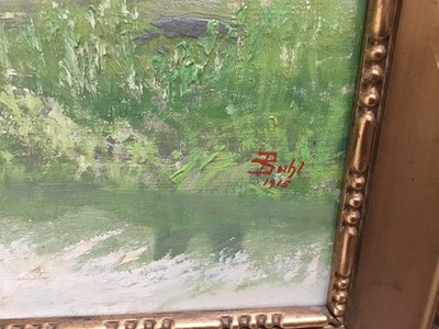 Lot 109 - Bahl, early 20th century oil on canvas - shipping in an estuary, signed and dated 1915, in gilt frame, 38cm x 54cm
