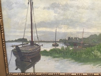 Lot 109 - Bahl, early 20th century oil on canvas - shipping in an estuary, signed and dated 1915, in gilt frame, 38cm x 54cm