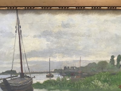Lot 109 - Bahl, early 20th century oil on canvas - shipping in an estuary, signed and dated 1915, in gilt frame, 38cm x 54cm