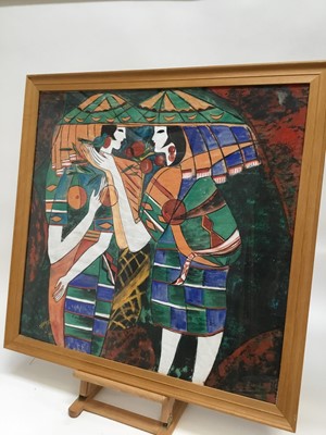 Lot 123 - Three mid 20th century highly decorative mixed media works on paper depicting figures, indistinctly signed, in glazed frames, 70cm x 73cm
