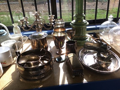 Lot 83 - Assorted silver plate to include candlesticks, goblets, biscuit barrel and other items