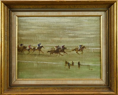 Lot 930 - Pair of 20th century English School oils on canvas - The 1981 Anthony Mildmay, Peter Cazalet Memorial Chase, Sandown, inscribed verso with the first four horses, Peter Scott, The Vintner, Highway P...