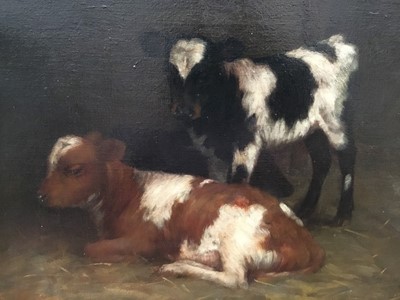 Lot 1066 - William Barr (1867-1933) oil on canvas - calves in a barn, signed, framed, 35cm x 45cm