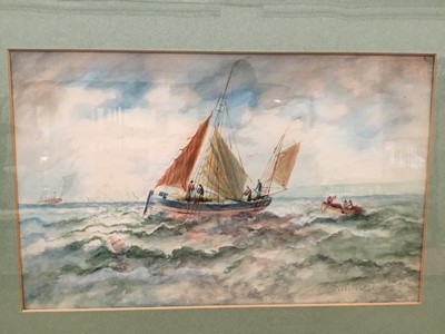 Lot 153 - Thomas Westcott (1863-1934), pair of 1920s watercolours - fishing boats off the Essex coast, signed ad dated 1921, in glazed gilt frames, 28cm x 45cm
