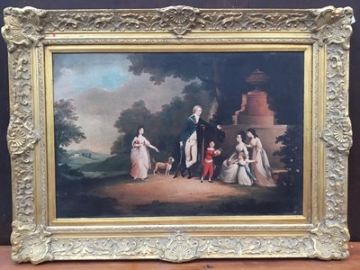 Lot 151 - 18th century-style print on canvas - classical parkland with family group, in decorative gilt frame, 50cm x 75cm