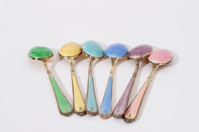 Lot 204 - Set of six George VI Silver gilt and guilloché enamel coffee spoons in fitted case, (Birmingham 1937), Maker William Suckling Ltd, each spoon 10.5cm in length