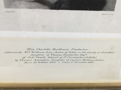 Lot 165 - Early 19th century portrait print - Miss  Charlotte  Hardtman Pemberton, titled, in gilt and ebonised frame, 28cm x 24cm