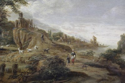 Lot 1125 - 18th century oil on oak panel - figures in landscape