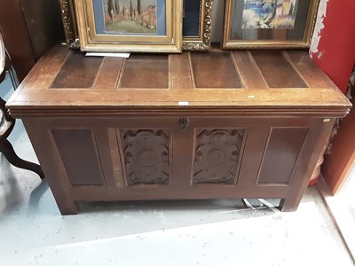 Lot 1047 - Large Edwardian carved and panelled oak coffer with panelled top and carved and panelled front dated 1907