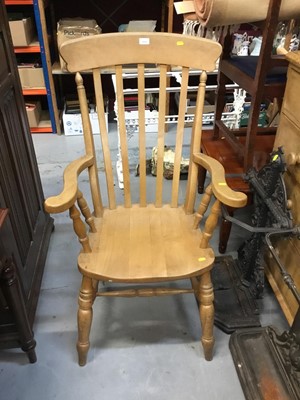 Lot 1019 - Victorian kitchen elbow chair, beech lathe back Windsor chair, wheel back elbow chair and a French rush seated kitchen chair (4)