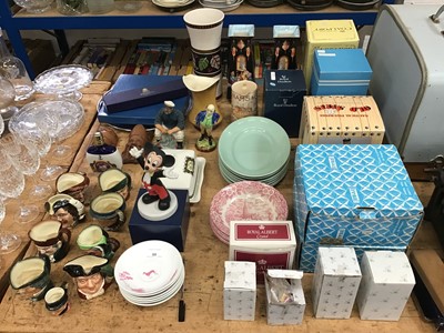 Lot 69 - Collection of grouped ceramics and decorative wares to include Royal Doulton character jugs, Wedgwood 'Garland' patterned saucers and others