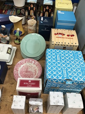 Lot 69 - Collection of grouped ceramics and decorative wares to include Royal Doulton character jugs, Wedgwood 'Garland' patterned saucers and others