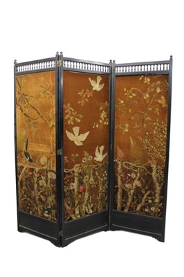 Lot 1256 - Victorian Aethestic movement three-fold dressing screen with original embroidered panels