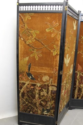 Lot 1256 - Victorian Aethestic movement three-fold dressing screen with original embroidered panels