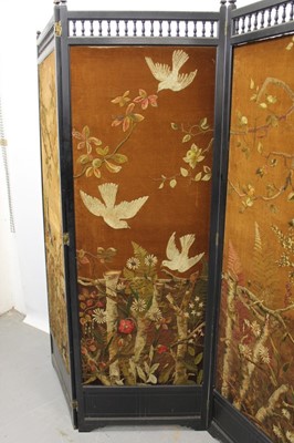 Lot 1256 - Victorian Aethestic movement three-fold dressing screen with original embroidered panels