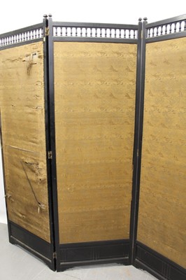 Lot 1256 - Victorian Aethestic movement three-fold dressing screen with original embroidered panels