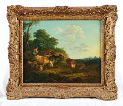 Lot 1156 - Franciscus Xavery (1700-1775) oil on panel, cattle and drover in a landscape at dusk, signed, 26 x 32cm