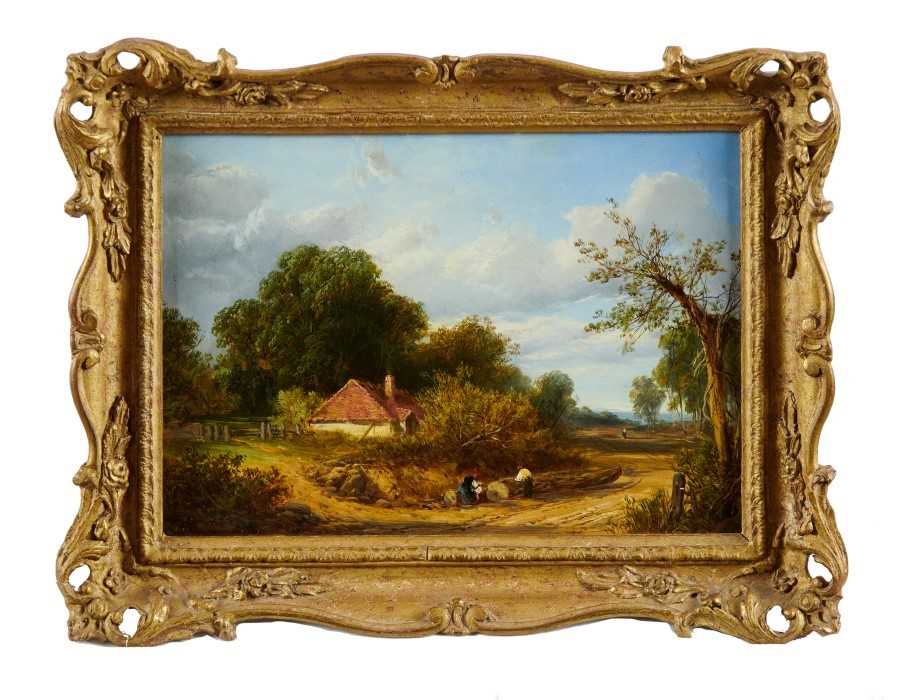 Lot 70 - English School, mid 19th century, oil on panel, rural landscape, indistinctly signed. 21 x 29cm